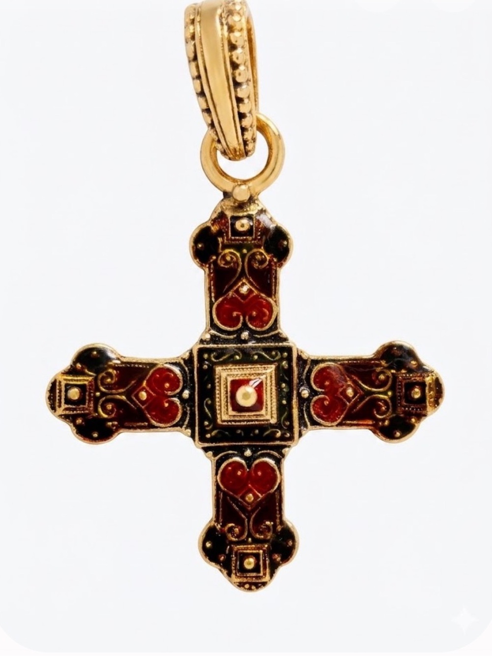 Large Pendant-Golden, Orange Tone, Green Enamel Cross